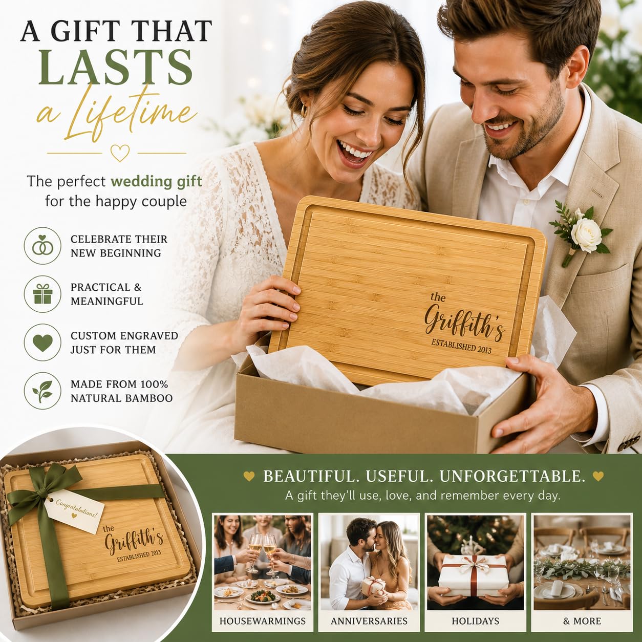 Personalized Cutting Board, Custom Bamboo Engraved Charcuterie Boards - Present for Wedding, Bridal Shower, Anniversary, Housewarming Gift Idea for Couples, Engraved Chopping Boards.