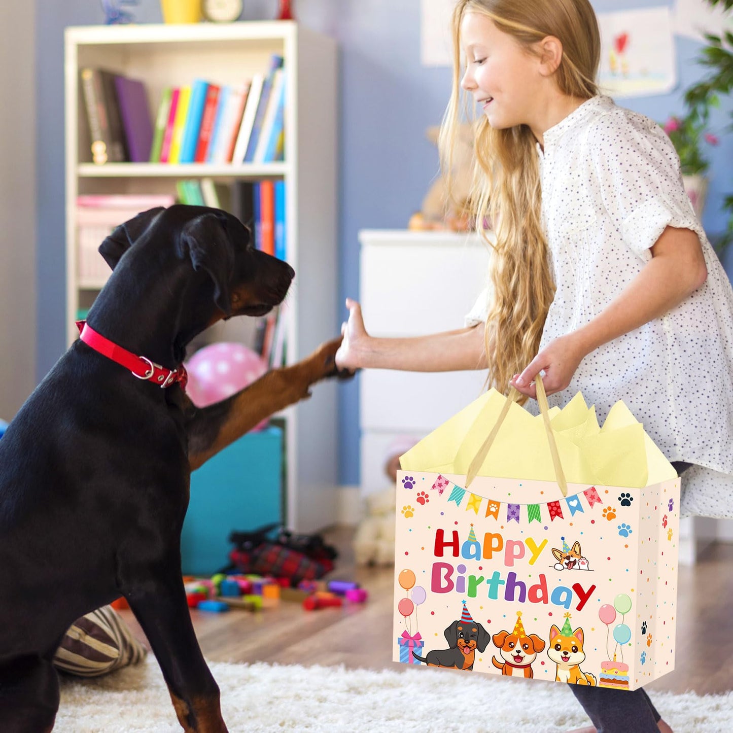 Hooqict Large Dog Gift Bag Dog Birthday Gift Bag with Handles, Tissue Paper, Greeting Card for Kids Boys Girls Pet Puppy Themed Birthday Party Decorations Supplies