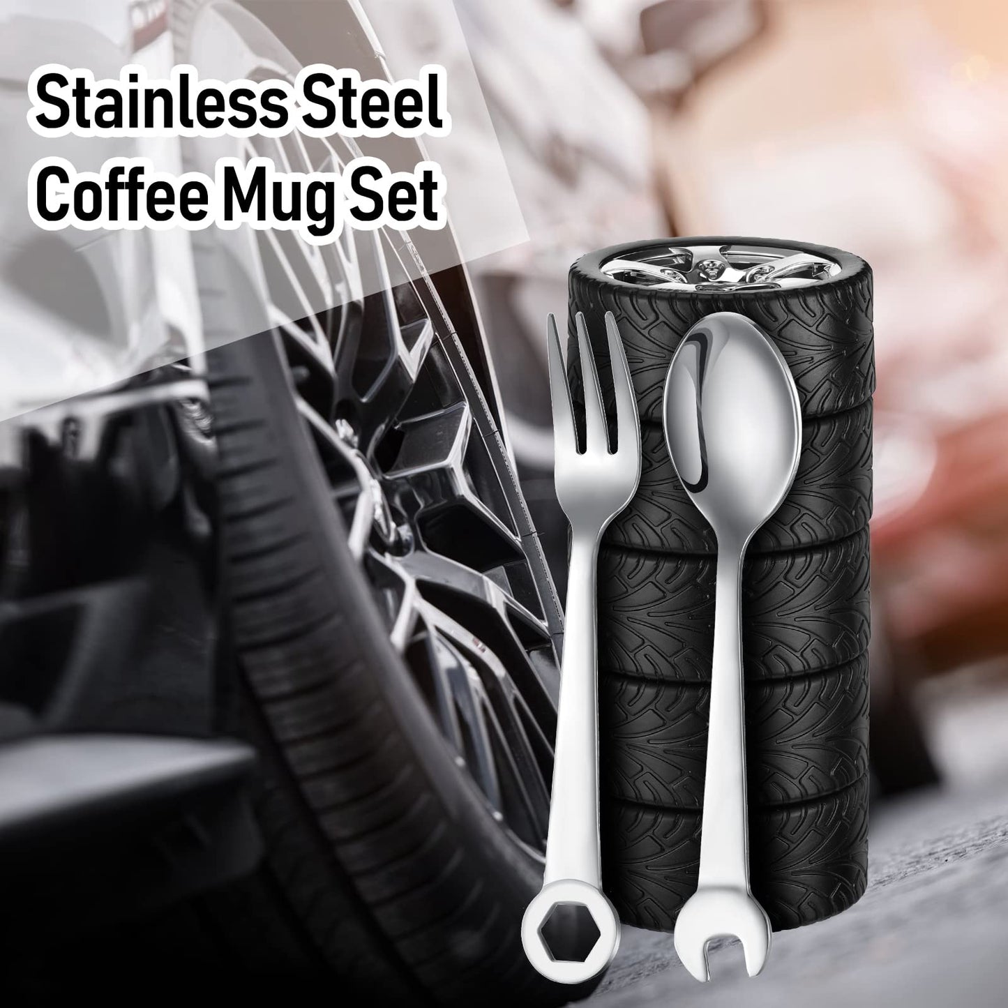 Yungyan 3 Pcs Tyre Water Bottle Gift for Man Fathers Day Car Coffee Mug Gifts Stainless Steel Coffee Tea Mug with Tool Fork and Spoon for Fathers Day Car Lover Birthday Gift