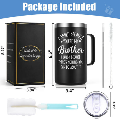Lifecapido Brother Gifts from Sister, I Smile Because You’re My Brother 20 oz Insulated Coffee Mug, Christmas Birthday Gifts for Brothers, Black