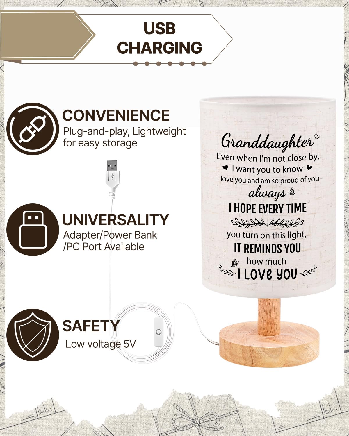 SOUHONEY Granddaughter Gifts from Grandma, Best Birthday Gifts for Granddaughter Bedside Table Lamp Light - Christmas Gifts for Bedroom Living Room Graduation Gifts for Granddaughter