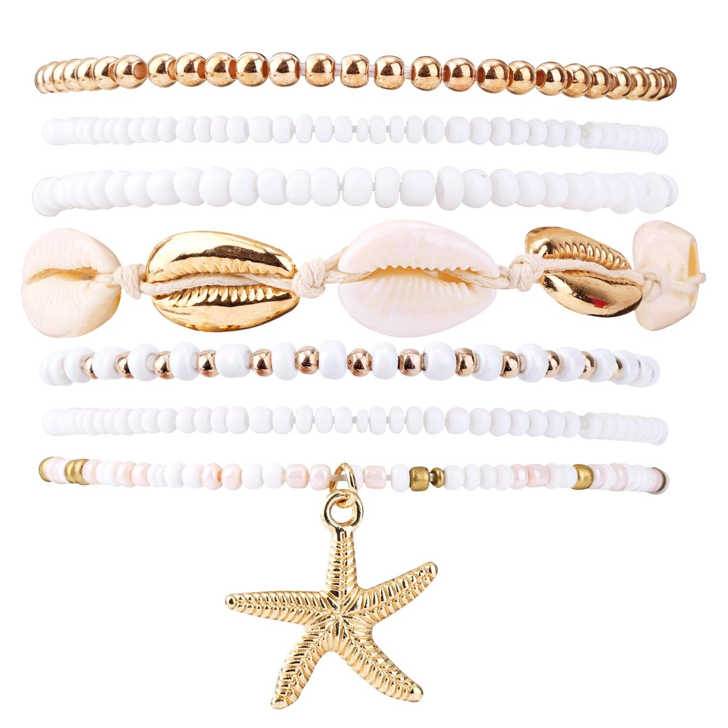 Mikovivi 7pcs Summer Beach Bracelets for Women, Stackable Shell Seashell Starfish Beaded Surfer Bracelets Set Boho Seaside Holiday Vacation Party Friendship Jewelry Gift