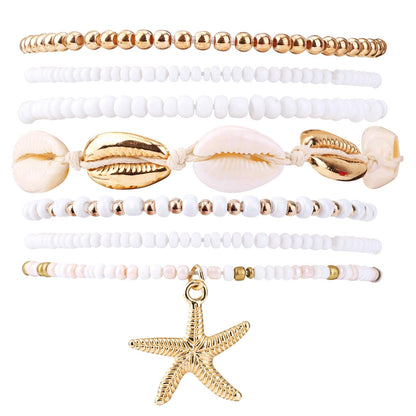 Mikovivi 7pcs Summer Beach Bracelets for Women, Stackable Shell Seashell Starfish Beaded Surfer Bracelets Set Boho Seaside Holiday Vacation Party Friendship Jewelry Gift