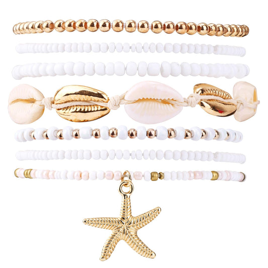 Mikovivi 7pcs Summer Beach Bracelets for Women, Stackable Shell Seashell Starfish Beaded Surfer Bracelets Set Boho Seaside Holiday Vacation Party Friendship Jewelry Gift
