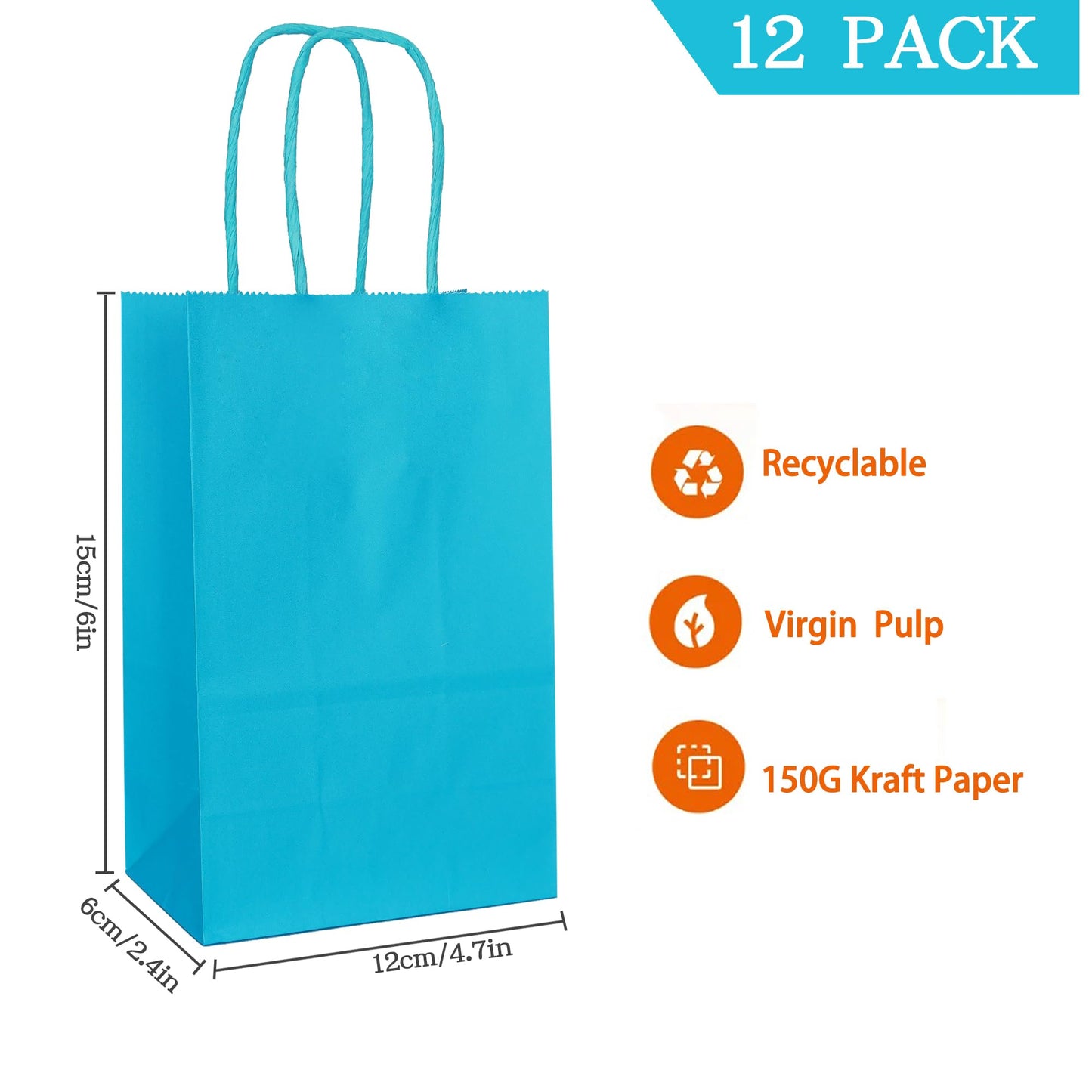 AZOWA Teal Gift Bags with Handles Mini Kraft Paper Bags for Party Favors (6 x 2.4 x 4.7 in, Teal, 12 Pcs)