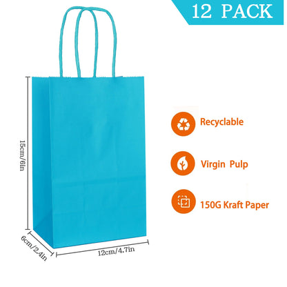 AZOWA Teal Gift Bags with Handles Mini Kraft Paper Bags for Party Favors (6 x 2.4 x 4.7 in, Teal, 12 Pcs)