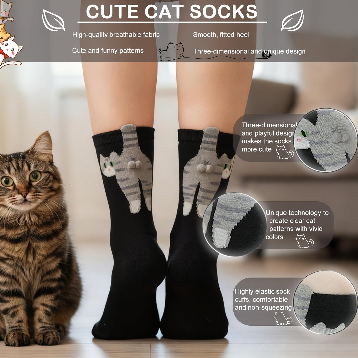 Cute cat balls socks, novelty fun animal socks cute fun white elephant gift for cat lovers
