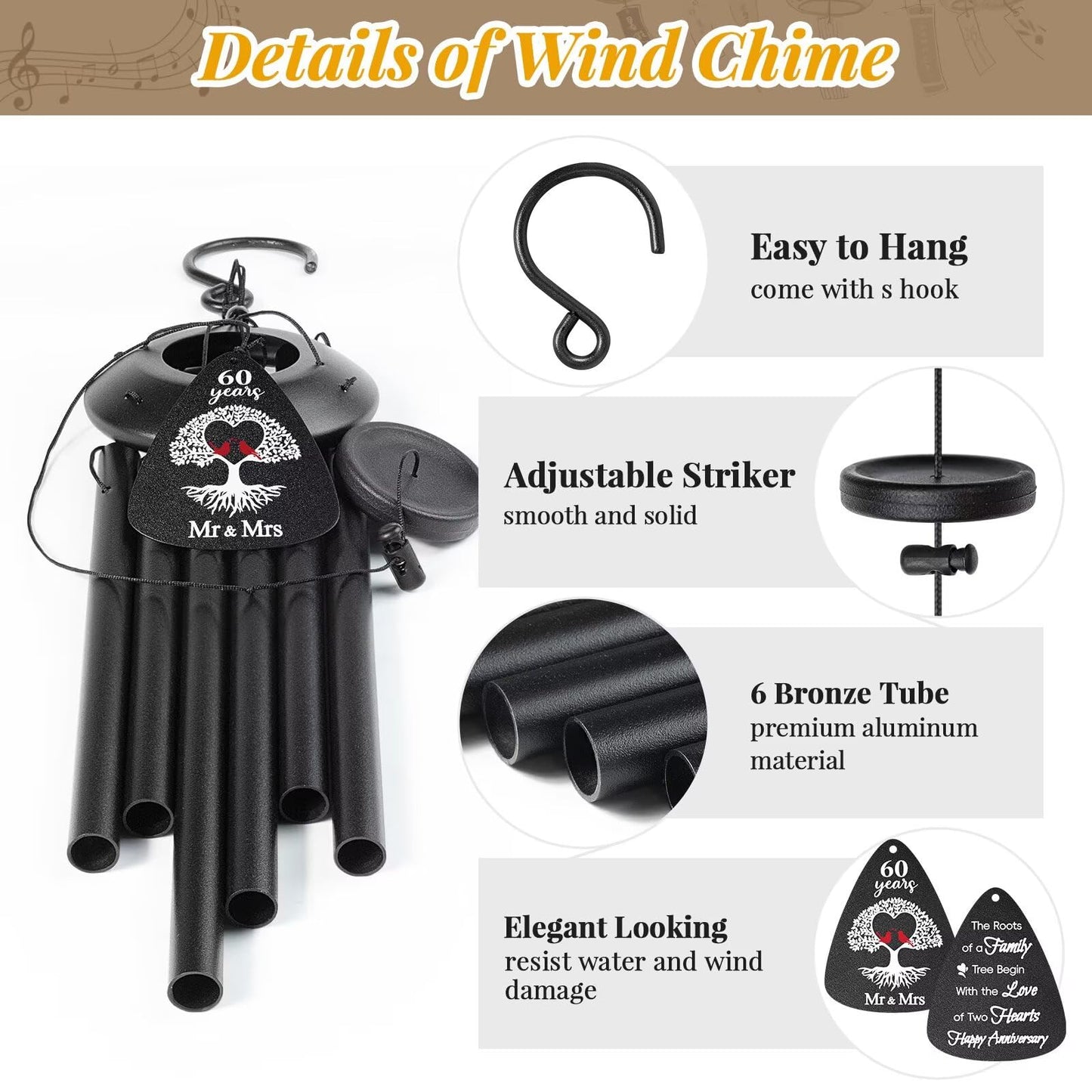 60th Anniversary Wind Chimes Gifts for Men Women,Romantic 60 Year Anniversary for Couples, Wife, Husband, Parents, Friends, 60th Wedding Gifts Idea of Happy Anniversaries Decorations,Black