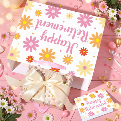MOORIIY Happy Retirement Gift Bag for Women, Boho Daisy Retirement Wrapping Paper Bag with Tissue Paper and Card Floral Retired Gifts for Women Farewell Going Away Party Decorations Supplies