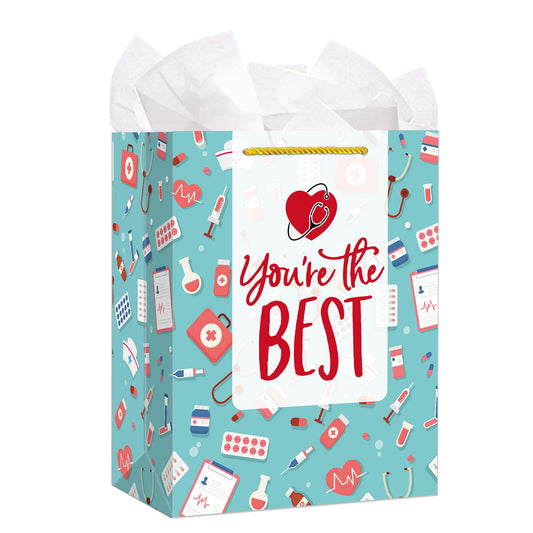 FaCraft Nurse Graduation Gifts Bag - 13" Large Nurse Gift Bags with Tissue Paper for Women Men New Nurses Nursing School Graduation Gift for Her Him Graduates New Nursing Student Medical School Party