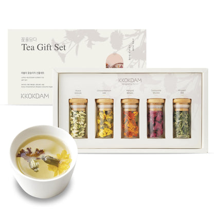 KKOKDAM Lovely Blossom Flower Tea Sampler in Glass Jars - Premium 5 Loose Leaf Herbal Tea Variety Pack, Women & Mom Gift Box