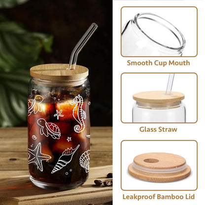 Mikopei Beach Gifts for Women - Ocean Animals Glass Cup with Lid and Straw, Cleaning Brush, Beach Room Decor, Coastal Decor for Home, Beachy Decorations, Iced Coffee Cup Tumbler, 16 oz
