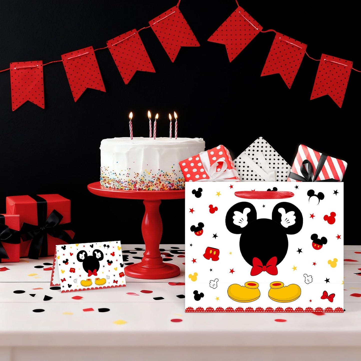 13" Large Red Mouse Happy Birthday Gift Bag Set with Handles, Greeting Card and Tissue Papers Red Black Gift Wrapping Paper Bag for Girls Kids Teens 13"L x 10.2"H x 4.9"W