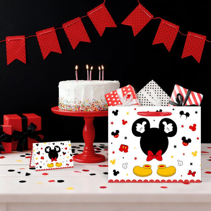 13" Large Red Mouse Happy Birthday Gift Bag Set with Handles, Greeting Card and Tissue Papers Red Black Gift Wrapping Paper Bag for Girls Kids Teens 13"L x 10.2"H x 4.9"W