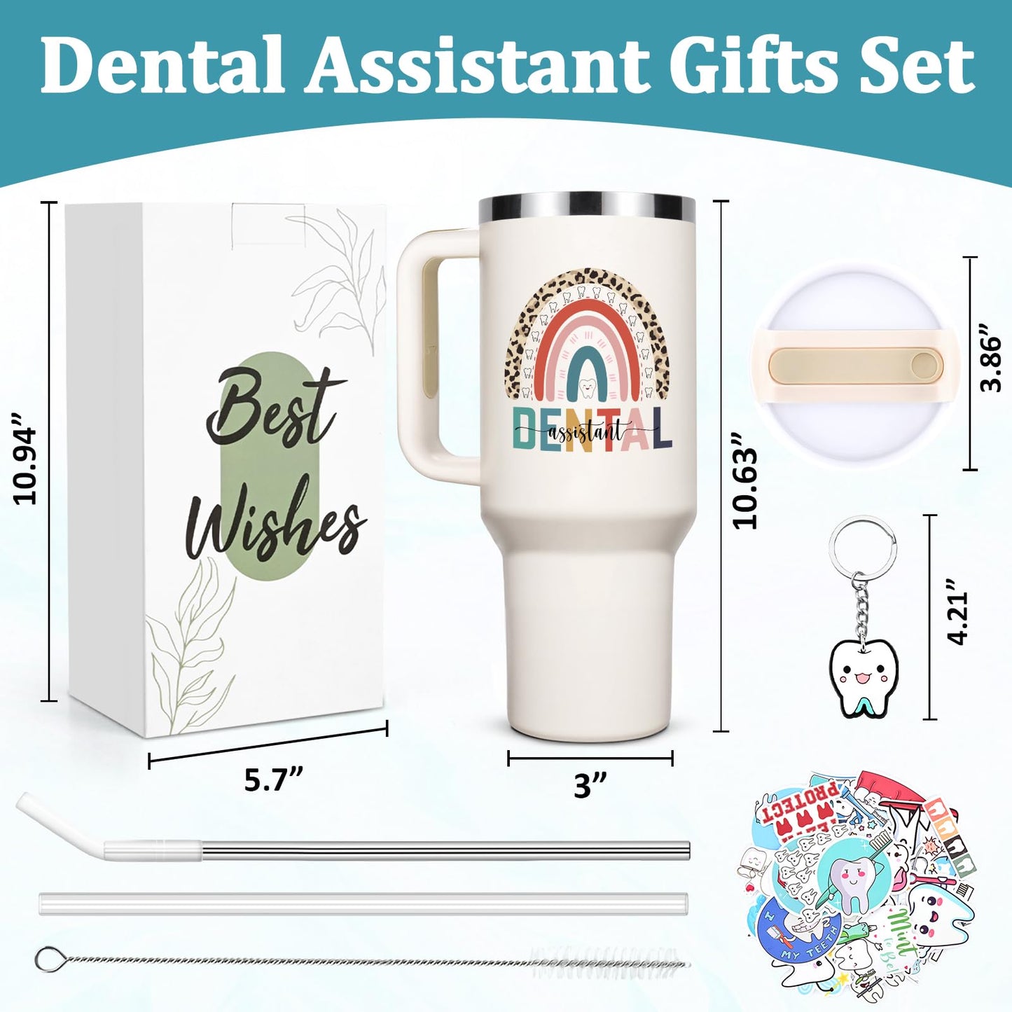 Lifecapido Dental Assistant Appreciation Gifts, Dental Assistant 40oz Tumbler with Keychain and Stickers, Dental Assistant Gifts, Birthday Gifts Christmas Gifts for Dental Assistant Coworkers, Creamy