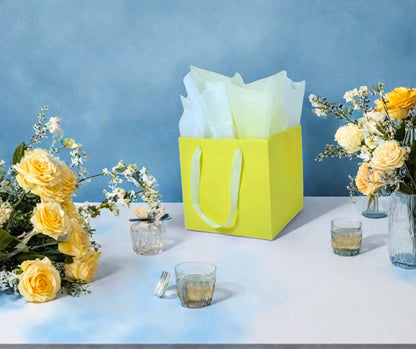 JUNESHE 2 Pack Small Square Gift Bags with Handles & Tissue Paper, 5.9 inch Yellow Paper Bag for Birthday Party Favors Baby Bridal Shower Presents Wedding Anniversary