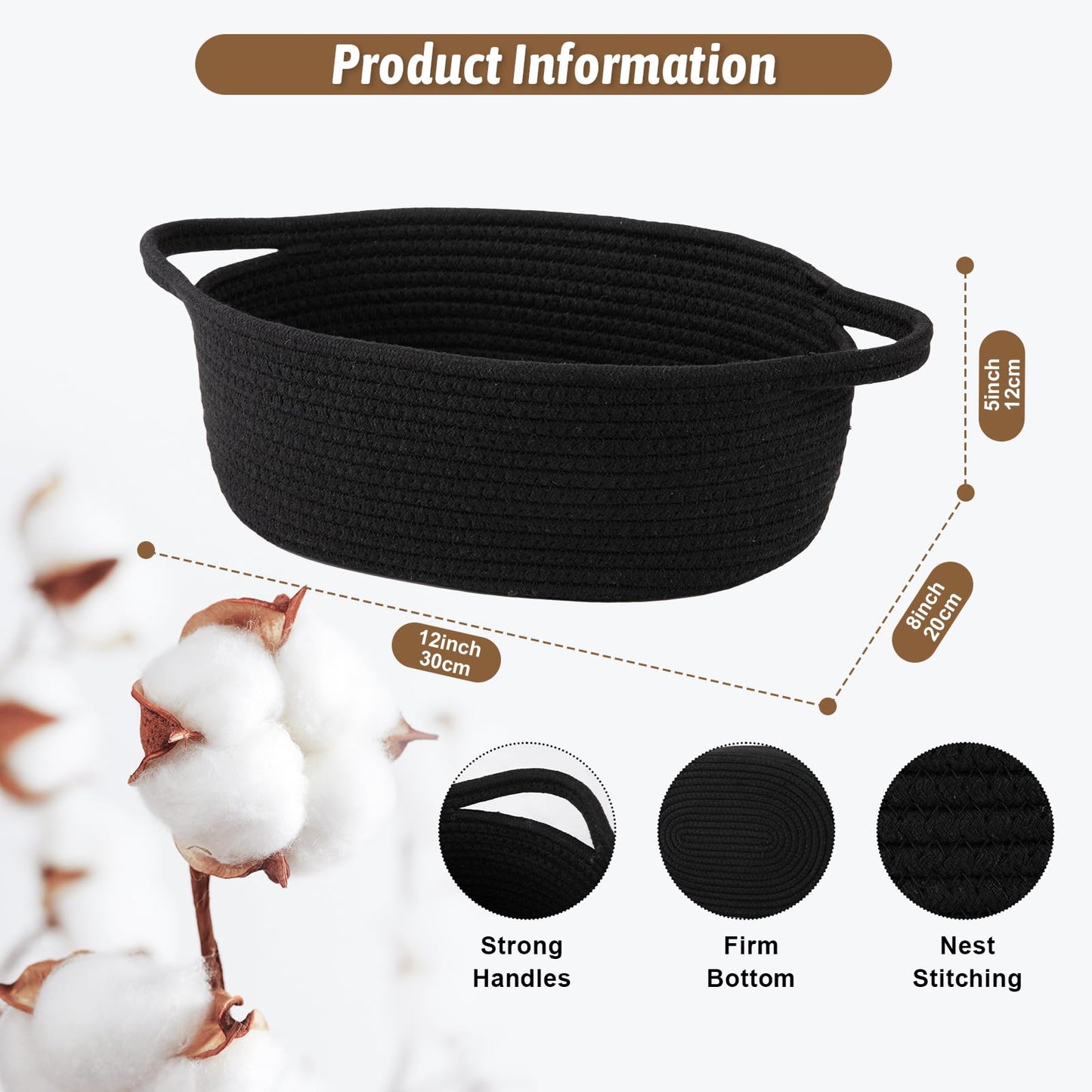 OIAHOMY Small Woven Basket with Gift Bags, Ribbons & DIY Label Card, Baskets for Gifts Empty, Small Rope Basket 12 * 8 * 5IN, Cute Decorative baskets with Handles for Baby Pets, Toys, Black