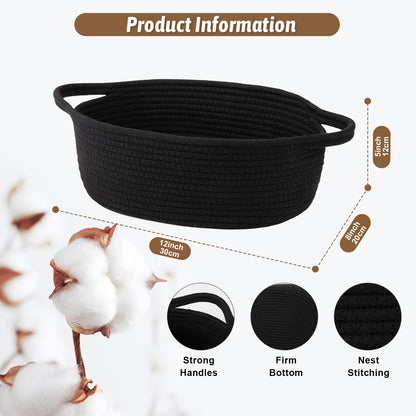 OIAHOMY Small Woven Basket with Gift Bags, Ribbons & DIY Label Card, Baskets for Gifts Empty, Small Rope Basket 12 * 8 * 5IN, Cute Decorative baskets with Handles for Baby Pets, Toys, Black