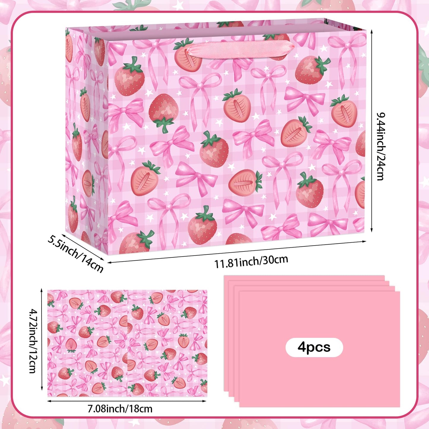 Hooqict Large Strawberry Bow Gift Bag Pink Birthday Gift Wrapping Bag with Handles, Tissue Paper, Greeting Card for Girls Kids Women Sweet Strawberry Birthday Decorations Baby Shower Valentines Mothers Day