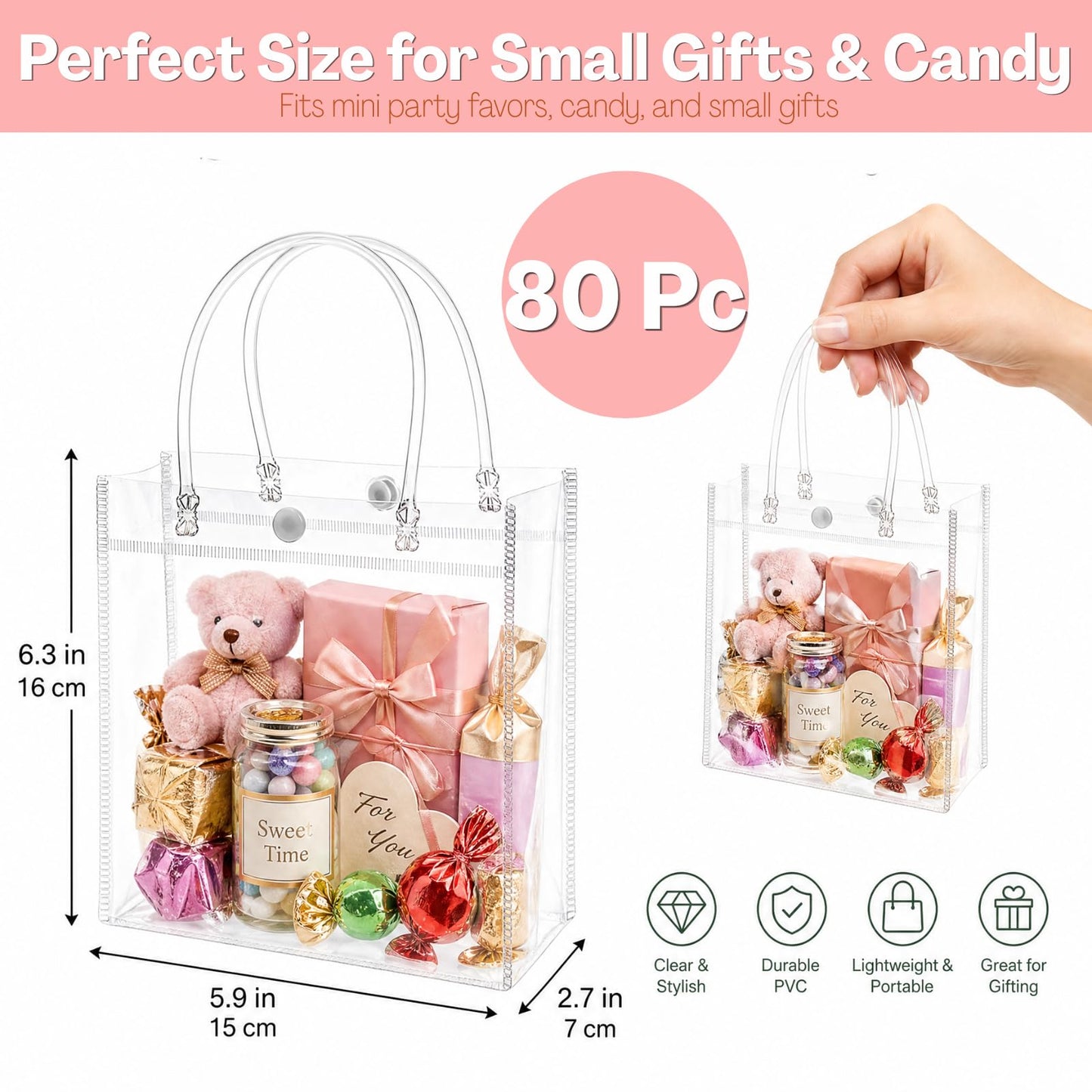 ZENFUN 80 Pack Clear PVC Gift Bags with Handles, Small Reusable Plastic Party Favor Bags, Transparent Goodie Bags Bulk for Wedding, Baby Shower, Birthday, Shopping Retail (6.3 x 5.9 x 2.7 Inch)