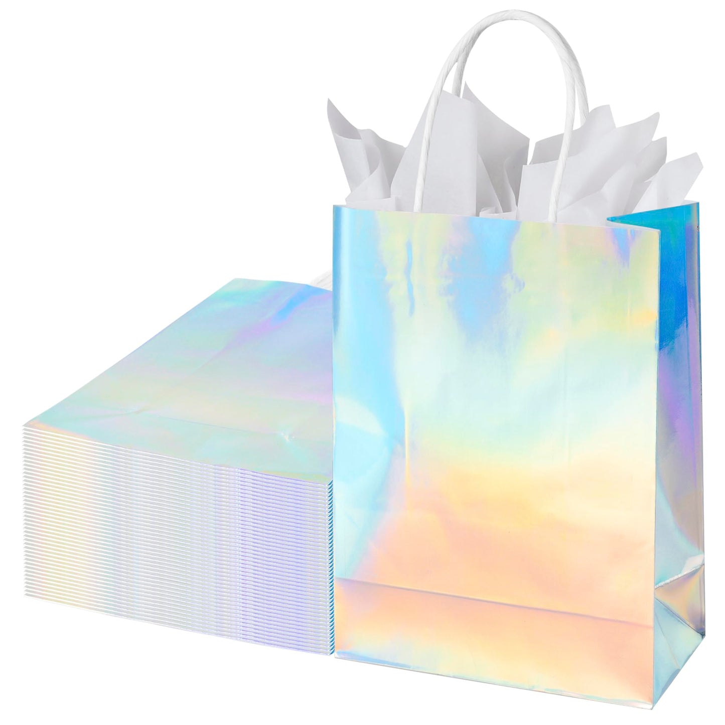 BLEWINDZ 32Pcs Small Paper Gift Bags with Tissues, Iridescent Party Favor Bags with Handles, Holographic Silver Gift Bag for Wedding Baby Shower Birthday Party Supplies