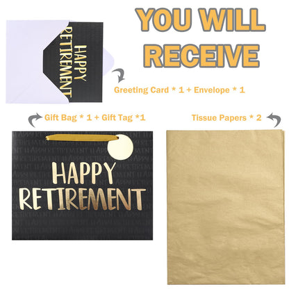 WRAPAHOLIC 13" Large Retirement Gift Bag with Card and Tissue Paper - Black Gold Happy Retirement Lettering