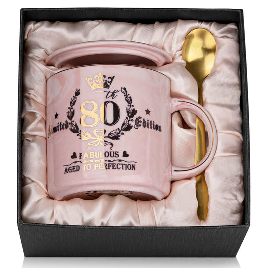 Biching 80th Birthday Gifts for Women, 14oz Pink Coffee Mug with Gold Pattern, Best Gifts for 80 Year Old Grandma, Mom, Sister, Friend, Fabulous 80 Limited Edition, 1946 Birthday Gifts for Women