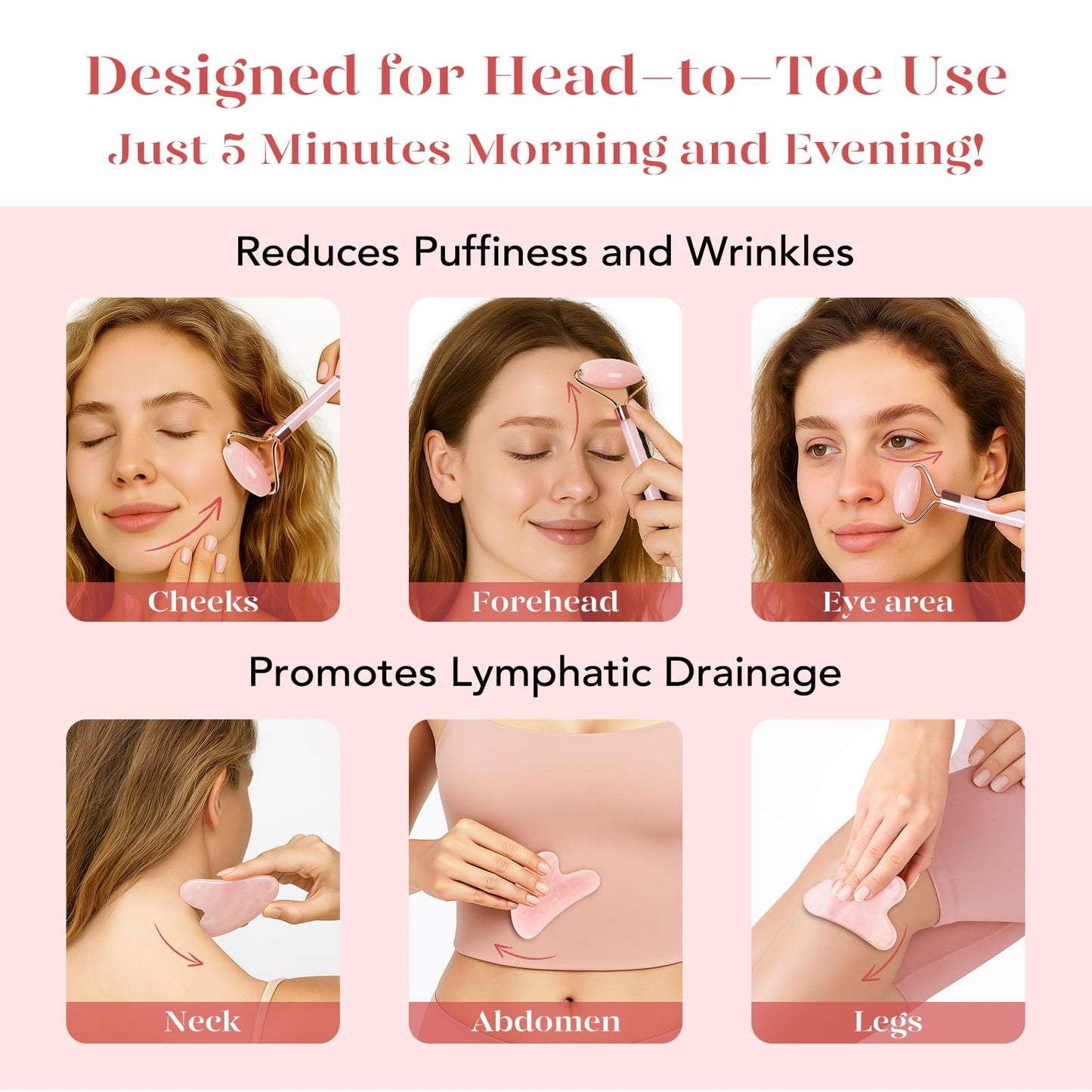 BAIMEI IcyMe Rose Quartz Roller & Gua Sha Set, Cooling Face Roller for Depuffing & Lymphatic Massage, Sculpting Tool for Face, Eyes & Neck, Smooth Skincare Gift for Women and Men