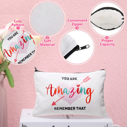 Chunful 10 Pieces Inspirational Canvas Makeup Bags for Women Graduation Gift Rainbow Canvas Cosmetic Bags Bulk with Zipper Friendship Gift Travel Toiletry Pouch(Heart Style)