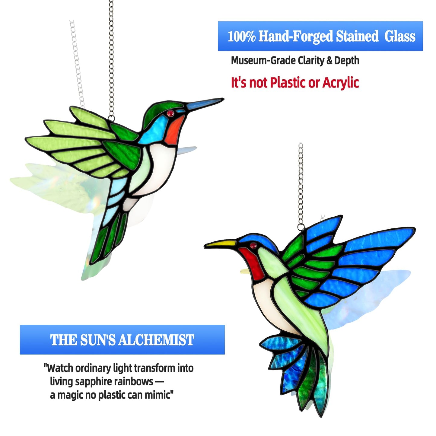 2 Packs Hummingbird Stained Glass Window Hanging Suncatchers - 6 Inch Handmade Real Glass with Copper Foil Edges, Bird Safe Gifts for Women Mom Grandma Bird Lovers(Suction Hooks Included)