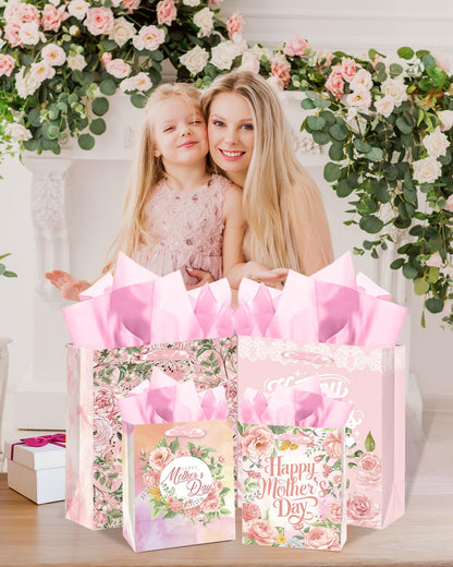 qiqee Pink Assorted Mother's Day Paper Bags with Tissue Paper 6PCS Cardboard Gift Bags for Women Mom Grandma Party Supply (4 PCS Medium Size+2 PCS Large Size+ Tissue Paper)