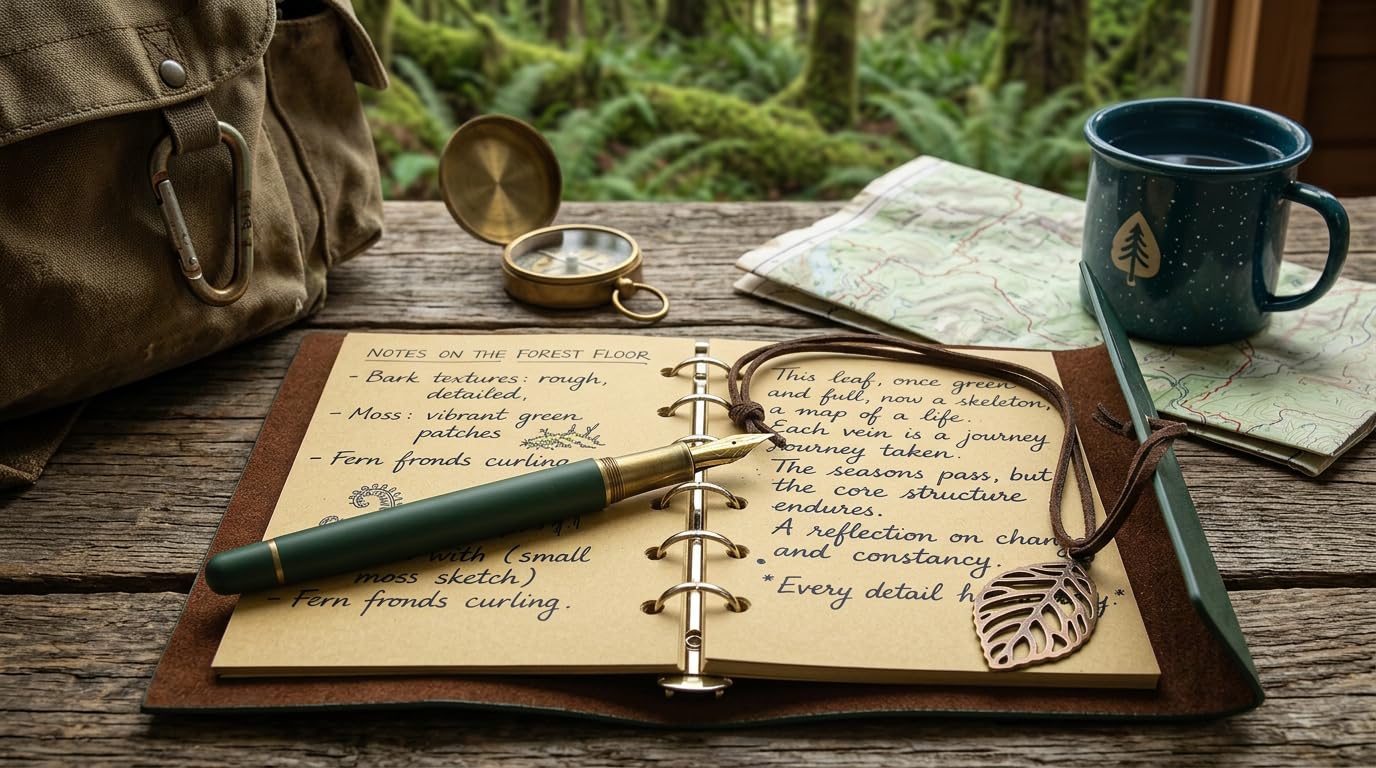 EvZ 5 Inch Mini Vintage Leather Journal, Pocket Size Refillable Loose Leaf Notebook, Retro Dark Green PU Cover with Metal Leaf Pendant, Blank Kraft Paper Small Travel Diary & Sketchbook