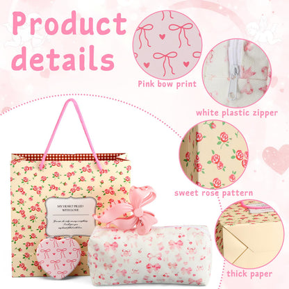 Suncalla 24 Pcs Galentine's Day Gifts Bulk Pink Bow Bags Gifts Set for Women Coquette Basket Hair Clips Mirror Bowknot Canvas Cosmetic Bag for Mothers Friend Bridal Shower Birthday