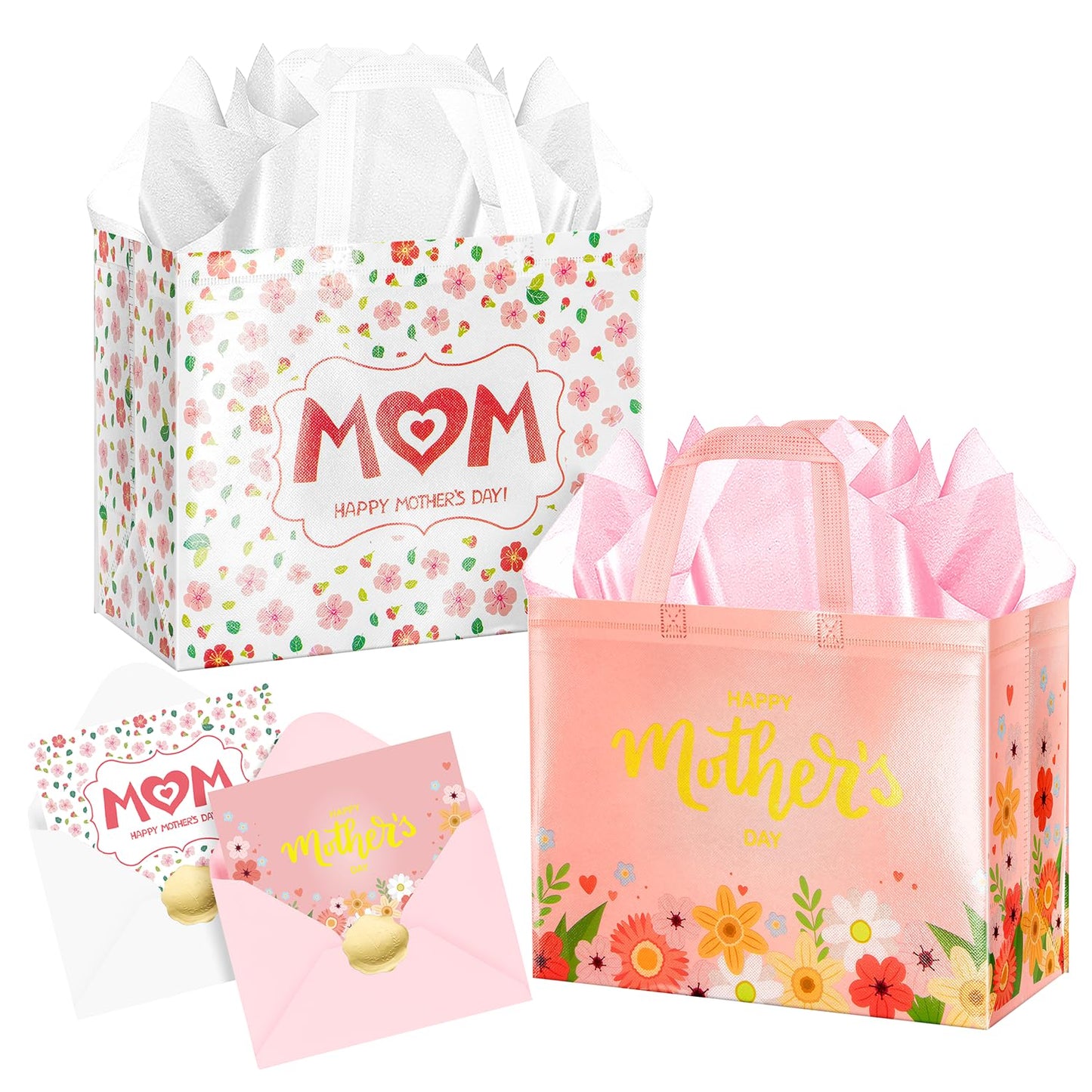 Jaywayang 2Pcs 12.6" Happy Mother's Day Gift Bags with Tissue Paper, Envelope and Card, Reusable Non-Woven Bag with Handles for Mother's Day Party Supplies