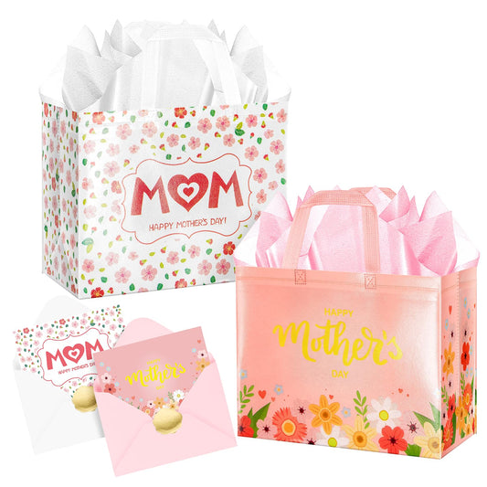 Jaywayang 2Pcs 12.6" Happy Mother's Day Gift Bags with Tissue Paper, Envelope and Card, Reusable Non-Woven Bag with Handles for Mother's Day Party Supplies