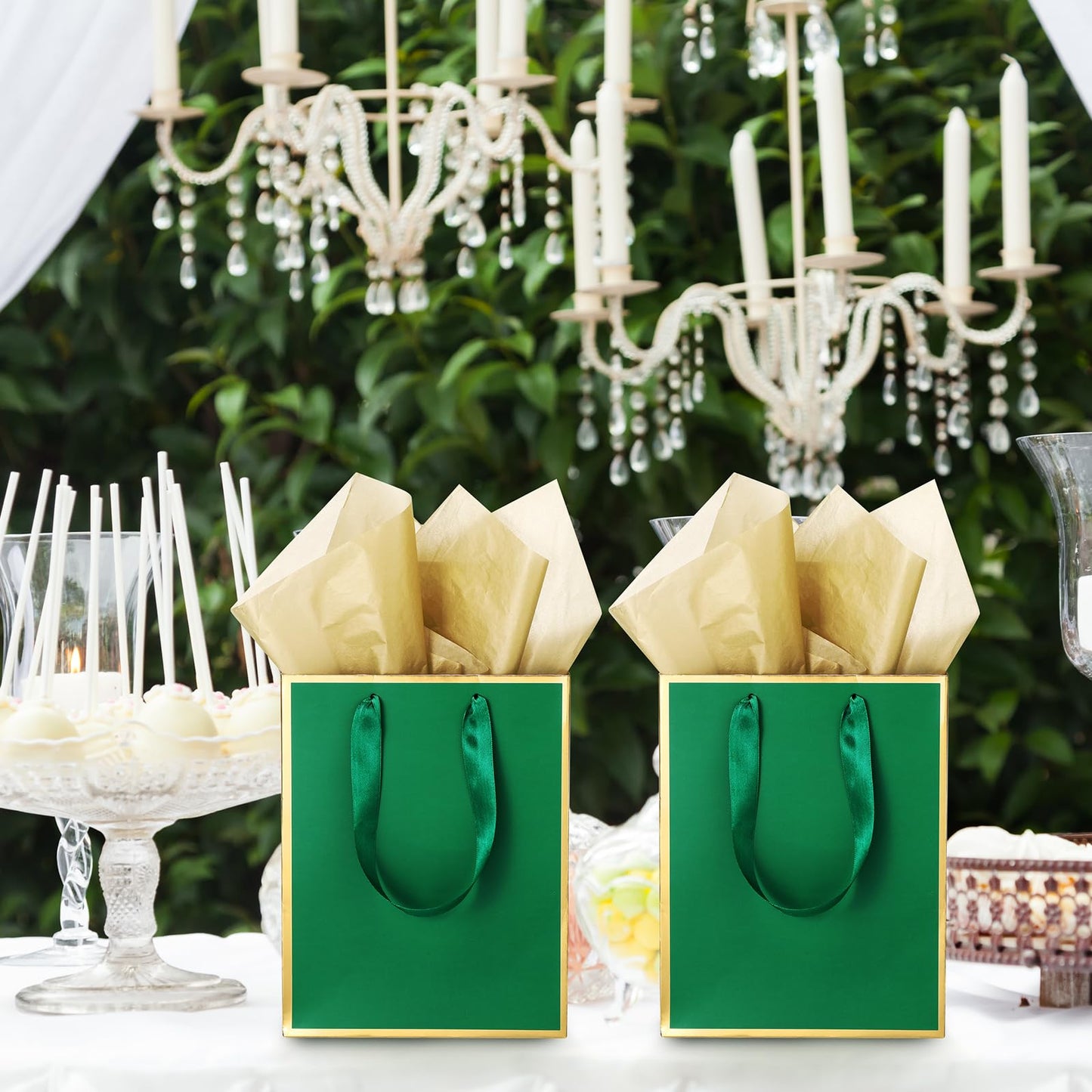 Yeaqee 24 Pack Metallic Paper Gift Bags with Handle and Tissue 9x7x3.1 Gold Foil Welcome Thank You Favor Bags Return Gifts for Wedding Graduation Bridesmaid Groomsmen Birthday(Green Gold)