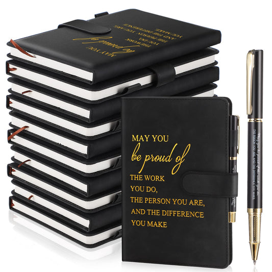 Kosiz 20 Pcs/10 Sets Employee Appreciation Gifts Bulk A5 Leather Notebook and Pen Inspirational Journal Pens for Teacher Appreciation Nurse Coworker Staff Team Gift(Black,May You Be Proud)