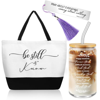 Hosuly 3 Pcs Mothers Day Christian Gifts for Women Set, Bible Verse Tote Bag, 16 oz Religious Glass Cup with Bookmark, Inspirational Faith Based Gift for Mom Sister Friend Birthday Church Gift