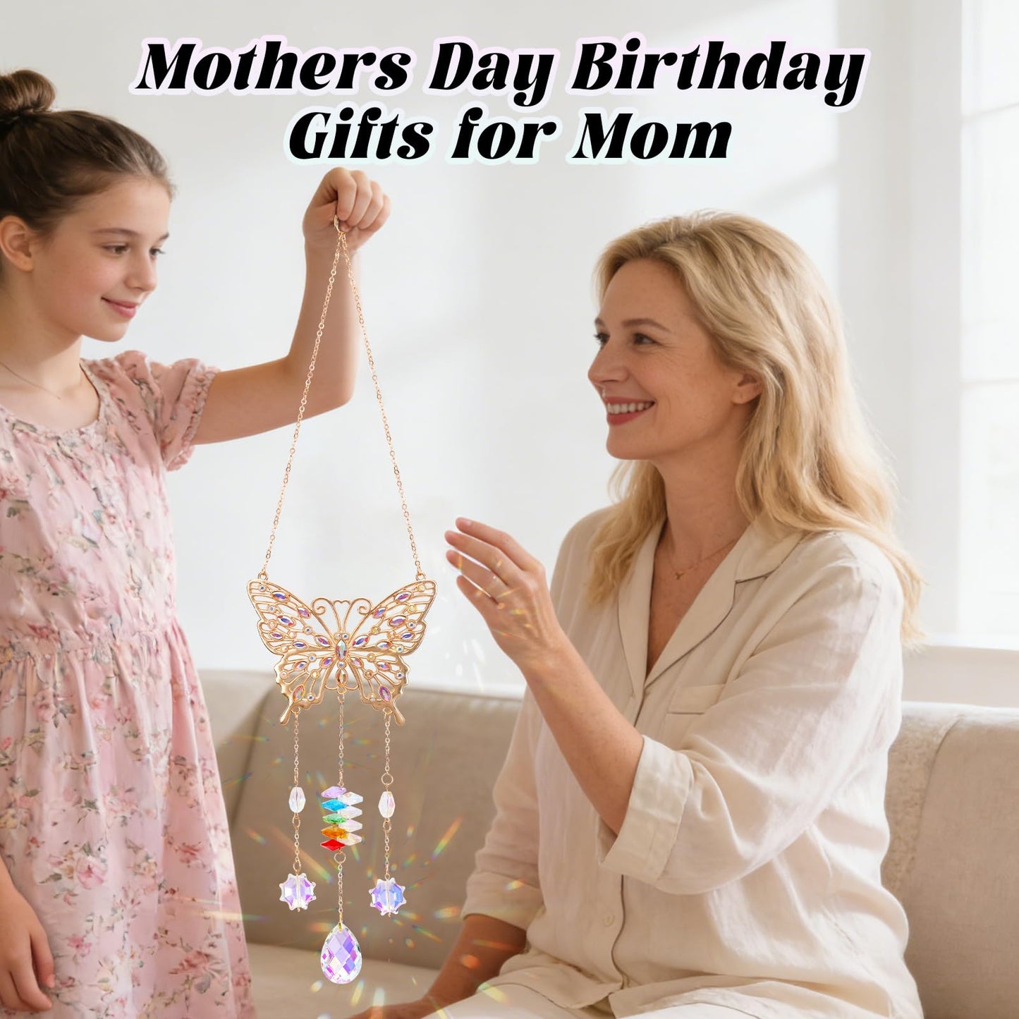 Butterfly Birthday Gifts for Women, Hanging Crystals Sun Catcher Prisms with Love Pendant for Window Room Garden Decor, Suncatcher Mothers Day Housewarming Gifts for Friends, Mom, Grandma, Wife