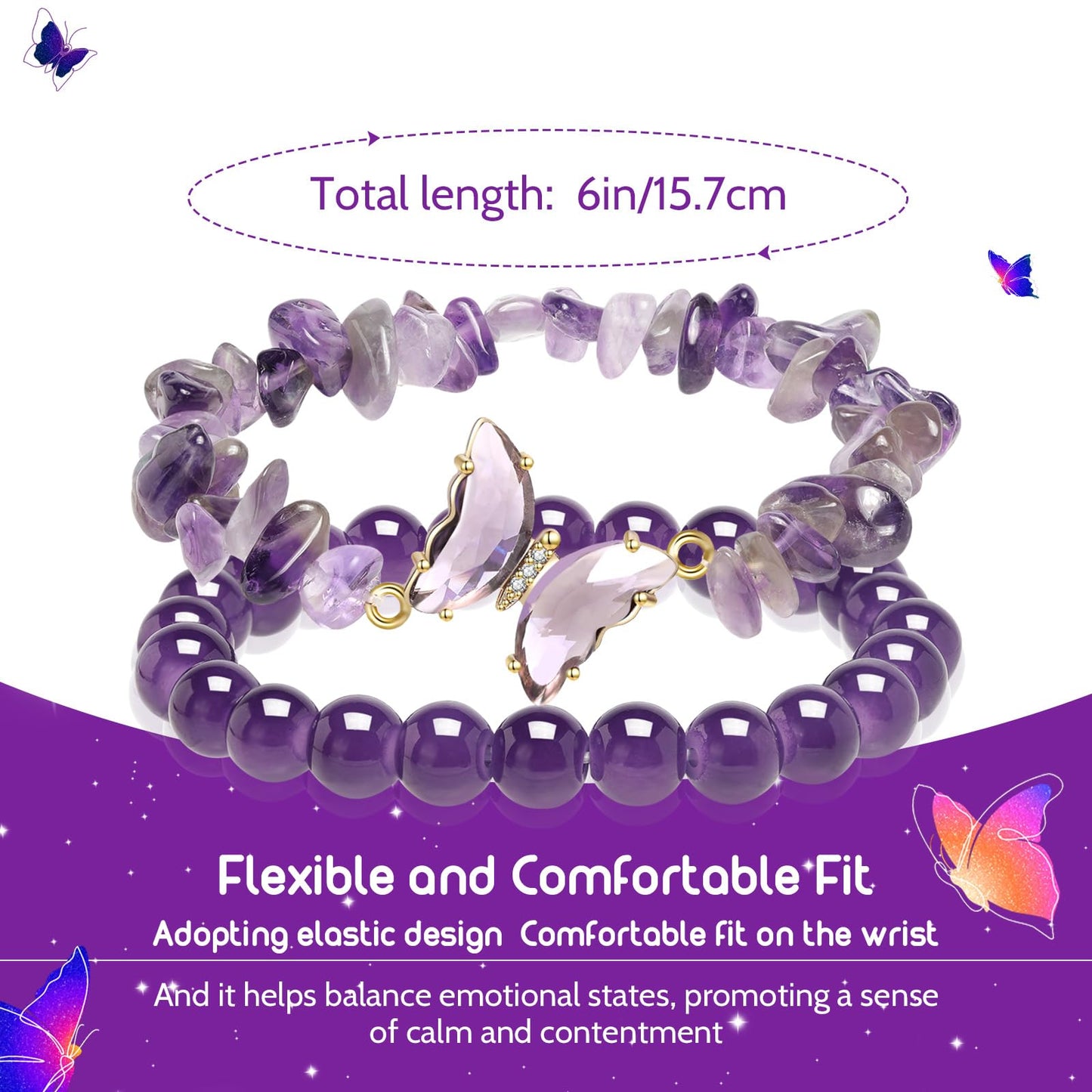 Artlunar Butterfly Bracelets Healing Bracelet Charm Jewelry Mom Gift with Beaded Bracelets Purple Bracelet for Women (Purple)