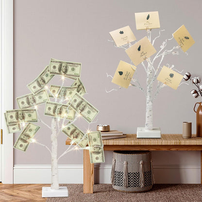 EAMBRITE Money Tree Gift Holder, Gift Card Tree 2FT 24LED, Lighted Birch Trees Battery/USB Powered Timer Photo Display with 24 Clips and 12 Cards for Home Graduation Christmas Picture Memo 2 Pack