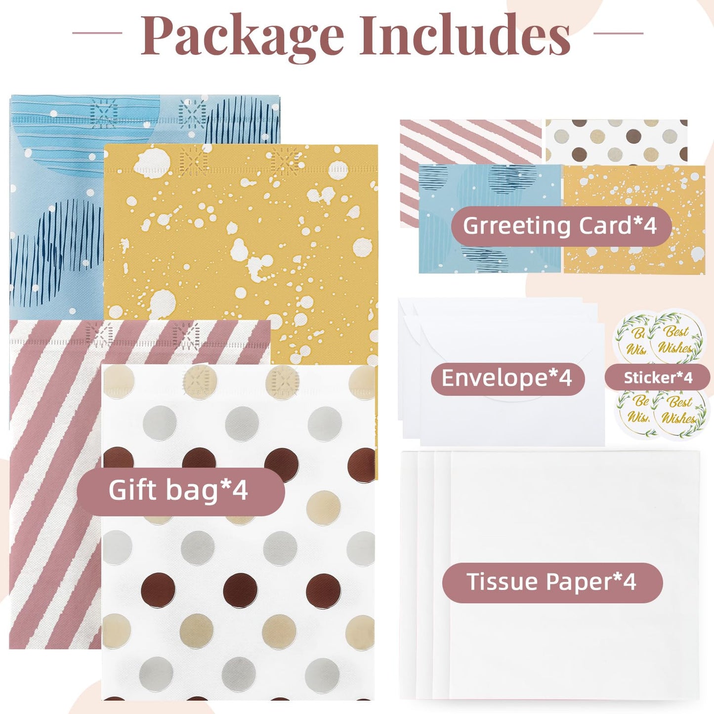 STYPOP 10" Gift Bags Medium Size (4 Pack) - Includes Tissue Paper & Cards, Reusable Non-Woven Gift Bags with handles, Perfect for Mothers Day, Birthday, Wedding, Baby Shower, Party, 10" x 8" x 4"