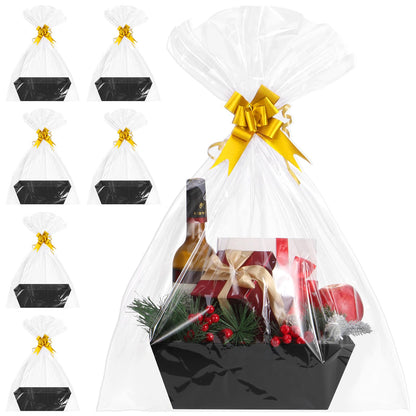 AFOROEOA 6PACK Black Baskets For Gifts Empty, 10x12”Thick Black Gift Basket with 6 Bows 6 Bags Empty Gift Baskets for Christmas Thanksgiving Wedding Birthday Party Wrapping Gift