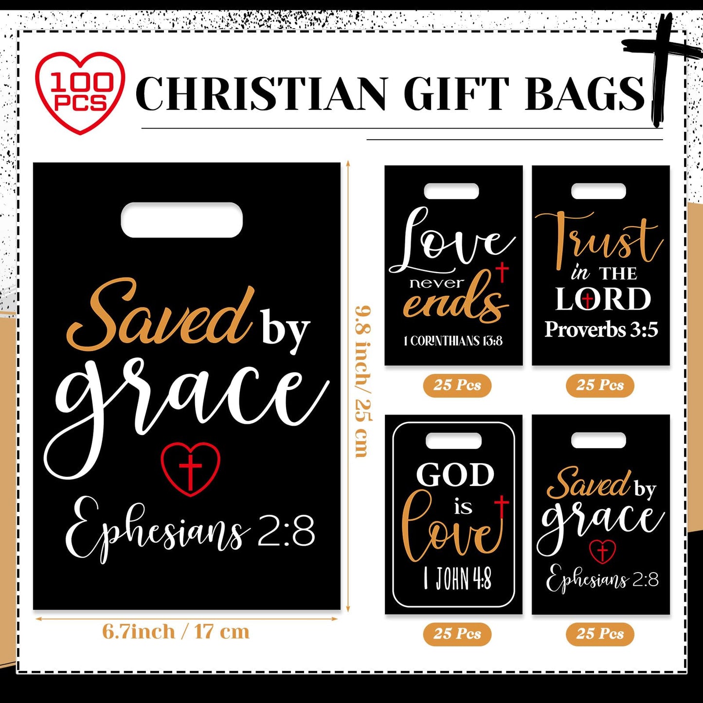 Pasimy 100 Pcs Christian Gift Bags Bulk 6.7 x 9.8 In Plastic Bible Verse Religious Goodie Bags Inspirational Scripture Treat Candy Party Favor Pouch for Church Jesus Birthday Gifts(Black,Elegant)