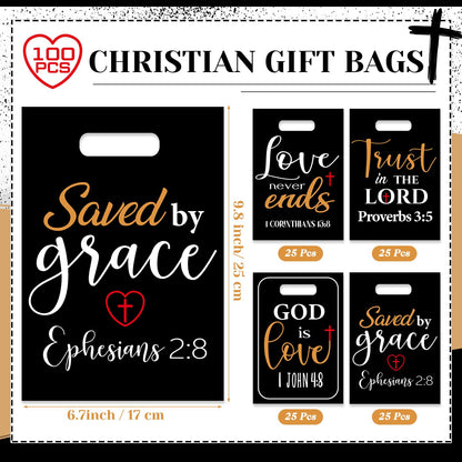 Pasimy 100 Pcs Christian Gift Bags Bulk 6.7 x 9.8 In Plastic Bible Verse Religious Goodie Bags Inspirational Scripture Treat Candy Party Favor Pouch for Church Jesus Birthday Gifts(Black,Elegant)
