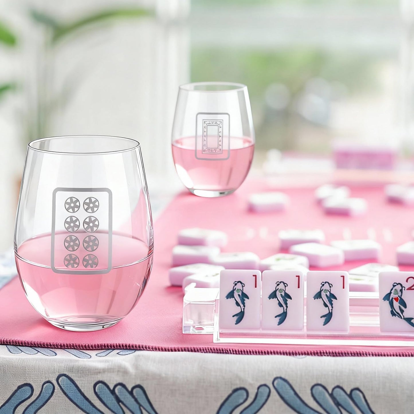 LemonRoad 4 Pcs Mahjong Wine Glasses Funny Mah Jong Party Supplies for Night, Gifts for Mahjong Lovers, Birthday Party Decorations & Family Play Day (Stemless Glass,17 oz)