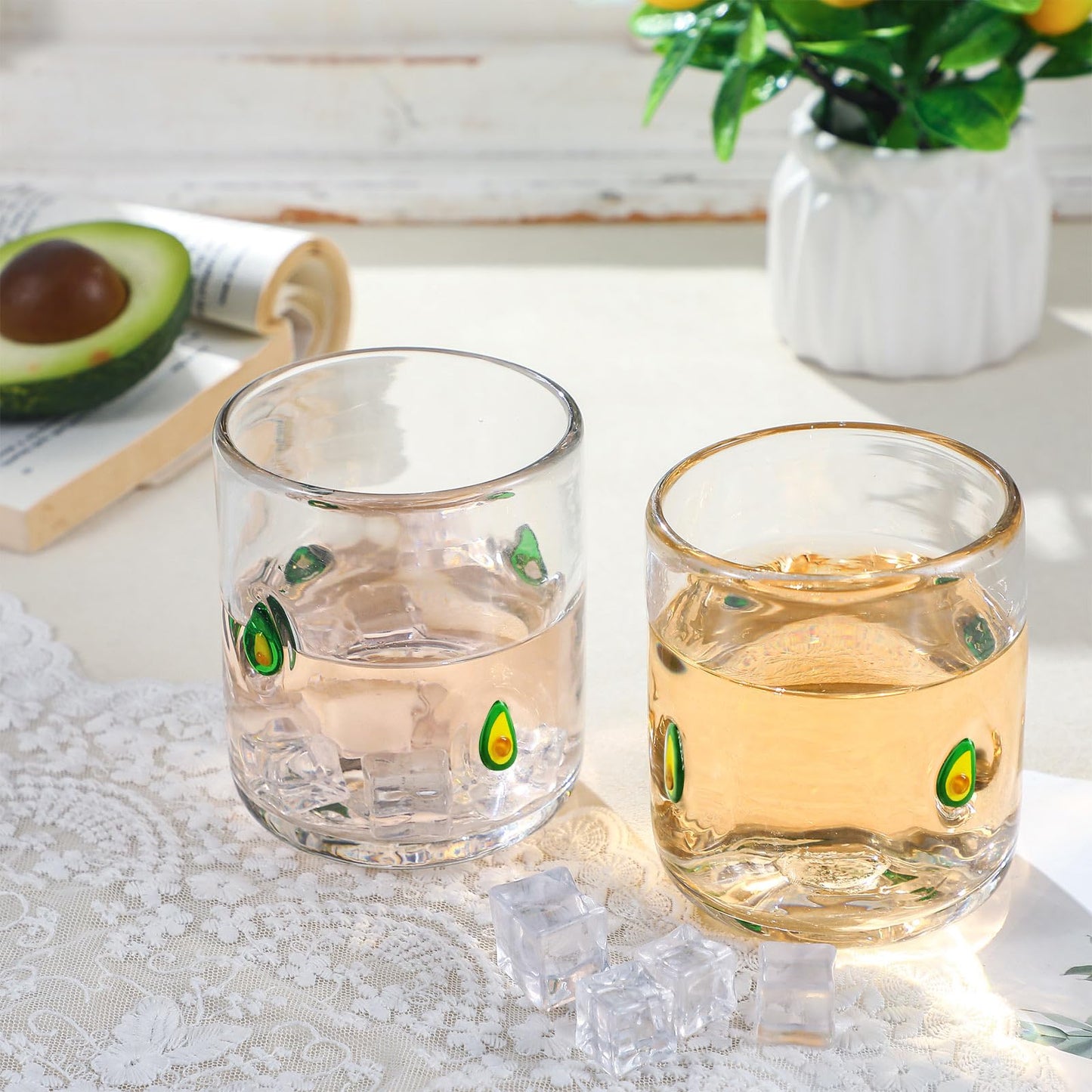 SiliFine 2 Pcs Avocado Icon Juice Glasses - 14oz Avocado Stemless Wine Drinking Coffee Glass Cup for Fruit Party Supplies & Gift