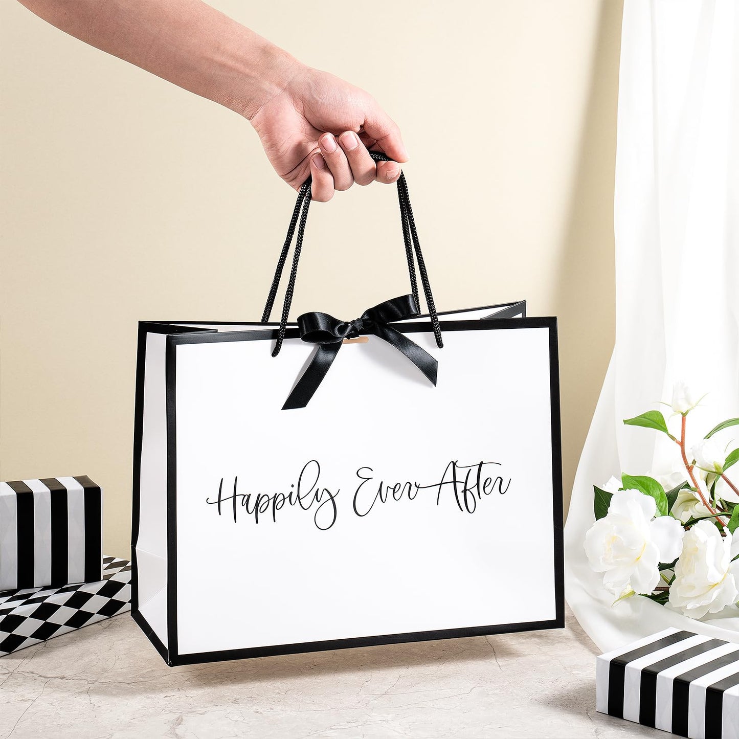 Loveinside 13" Large Wedding Gift Bag, White & Black Happily Ever After Elegant Script Design Party Bag with Bow Ribbon for Wedding, Bridal Shower, Engagement, Newlywed Gift, 13" x 5" x 10", 1 Pcs