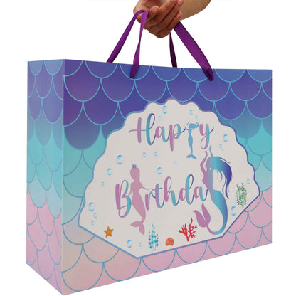 Qirrmiy 16.5” Extra Large Mermaid Happy Birthday Gift Bag Set with Handles, Greeting Card, Purple Tissue Papers and Stickers for Kids Girls Women Teens, 1 Pcs