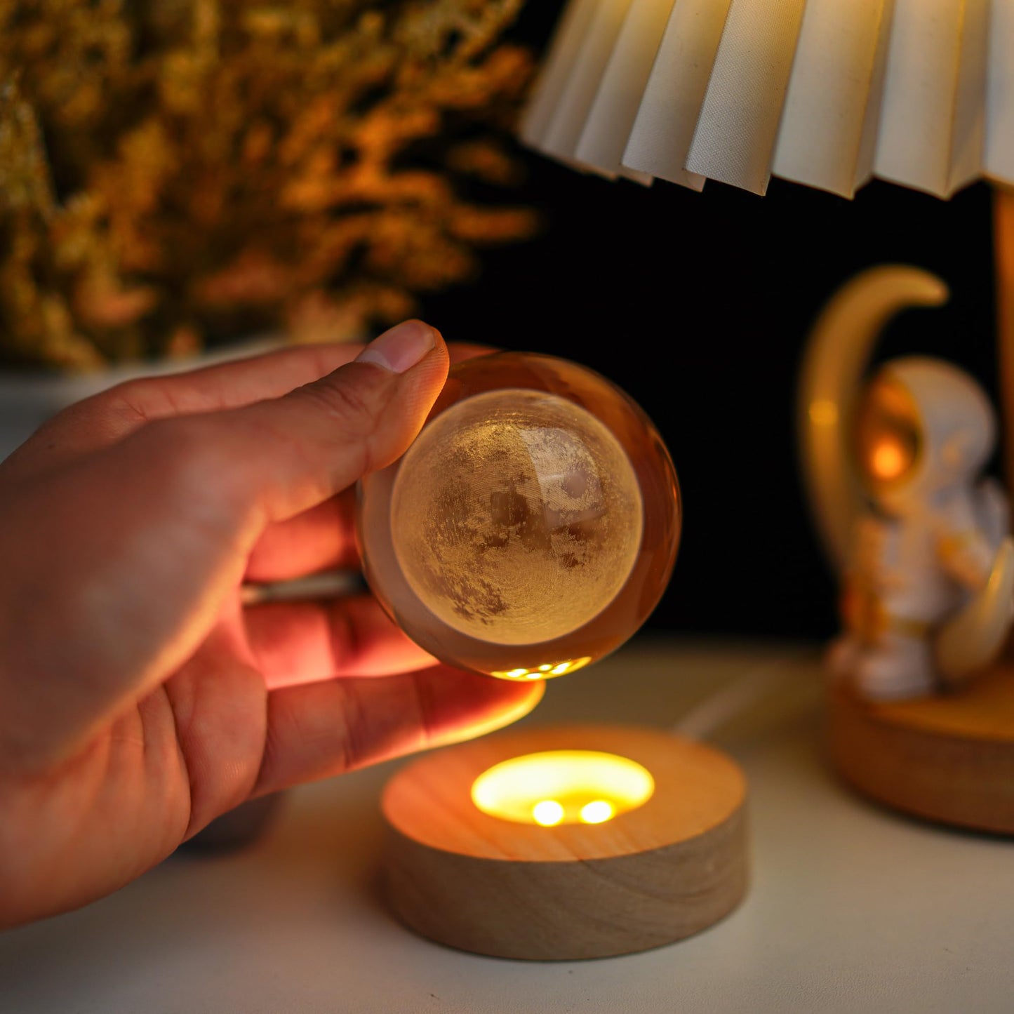 Crystal Moon Crystal Ball with Light Base Night Light 2.3Inches Glass Moon Globe Home Decor Birthday Gift for Women, Friends, Family